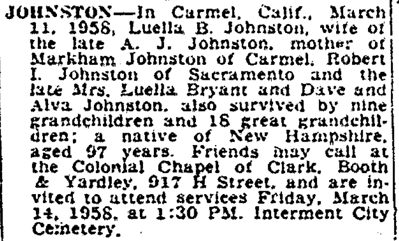 Johnston Obit - Bee - 3-12-1953